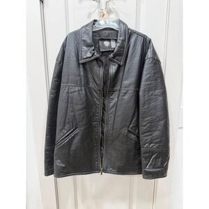 GV Made in Italy Mens Black Leather‎ Bomber Jacket Quilted Lined Zip Front